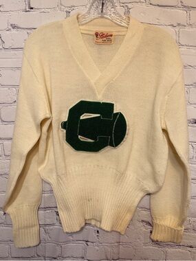 🧥 Vintage 100% Wool Varsity Letter Sweater – Cream Shaker Knit – Small